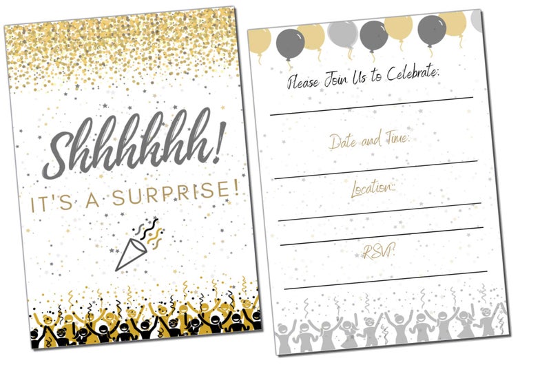 Elcer Surprise Party invitations | Itâ€™s a surprise Birthday | Kids and Adults | Fill In Style | Black and Gold | Confetti Streamers Party Invitations | 20 Count With Envelopes - Image 1